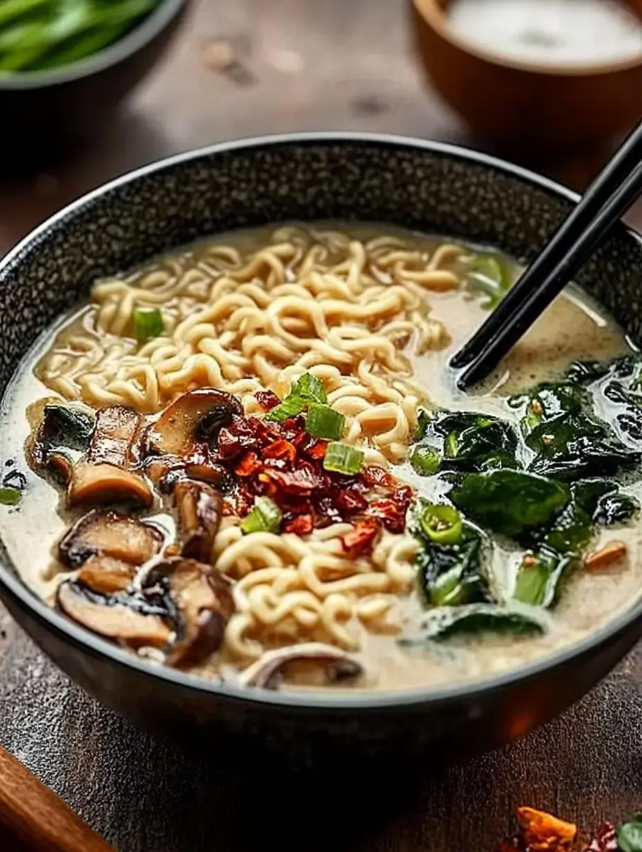 A bowl of creamy ramen topped with mushrooms, green onions, seaweed, and red chili flakes.