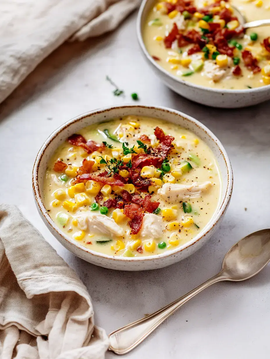 A close-up view of two bowls of creamy corn chowder topped with bacon, green onions, and shredded chicken, alongside a silver spoon and a linen napkin.