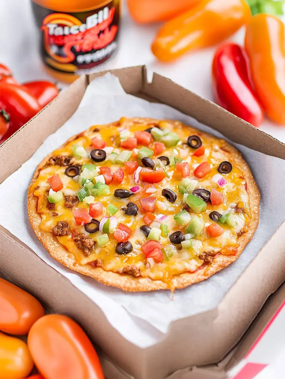 A freshly baked pizza topped with ground meat, cheese, olives, and diced vegetables sits in a takeout box, surrounded by colorful peppers.