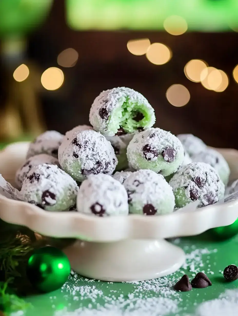 A plate of green mint chocolate balls dusted with powdered sugar, with some pieces cut open to reveal their filling, set against a festive background.