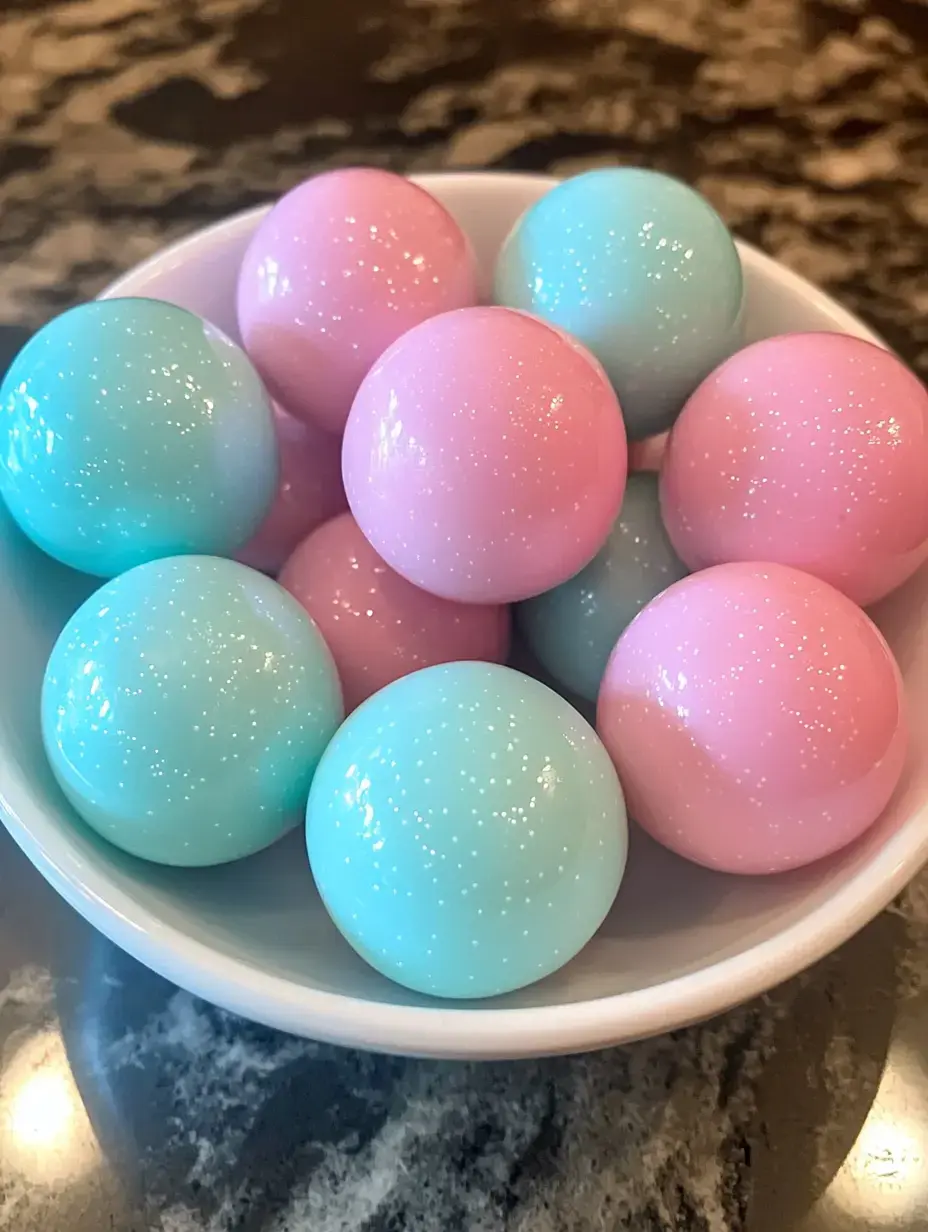 A bowl contains a collection of glossy pink and blue spheres with a sparkling finish.