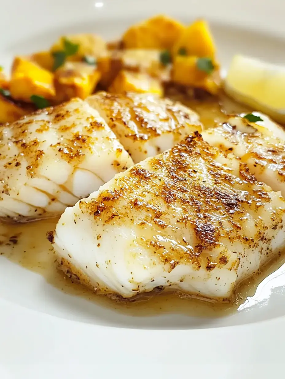 Grilled fish fillets served with roasted sweet potatoes and a lemon wedge.