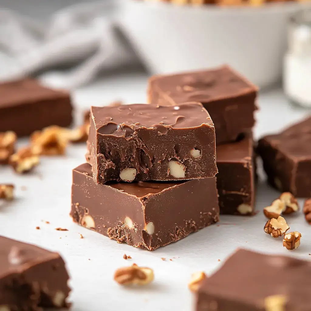 A close-up image of stacked chocolate fudge squares with walnut pieces, surrounded by scattered walnuts on a light background.