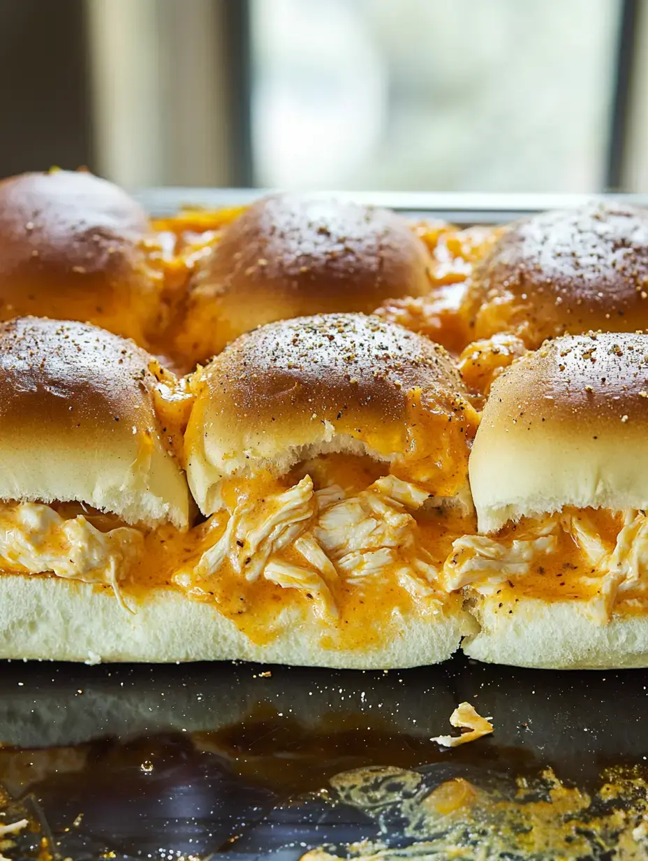 A tray of soft slider rolls filled with shredded chicken and a creamy orange sauce, with some sauce spilling out.