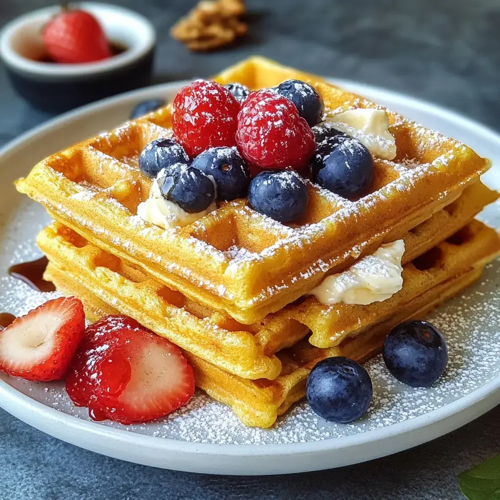 A plate of golden waffles topped with fresh strawberries, blueberries, and raspberries, dusted with powdered sugar and drizzled with syrup.