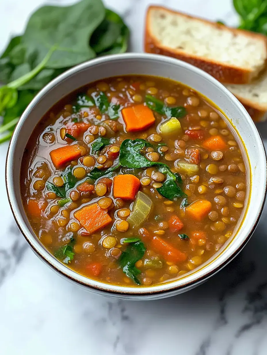 A bowl of lentil soup filled with vegetables, including carrots and spinach, accompanied by slices of bread.