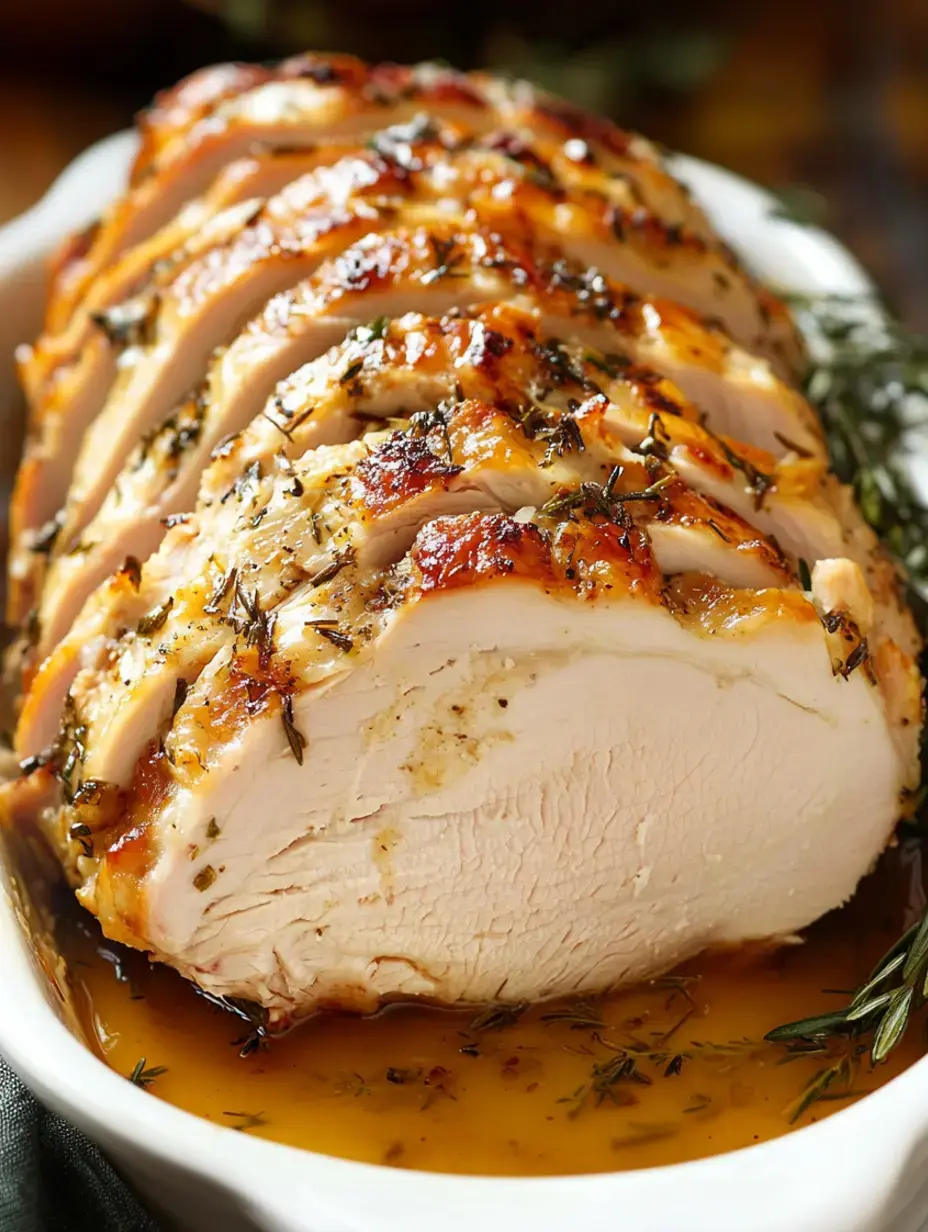 A beautifully sliced roasted turkey breast coated with herbs, resting in a savory sauce.