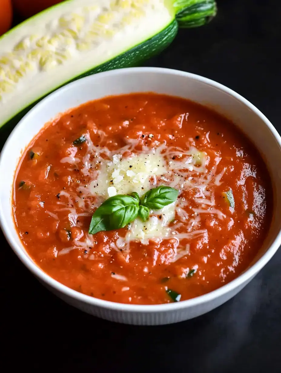 A bowl of tomato soup topped with shredded cheese and a basil leaf, surrounded by fresh vegetables.