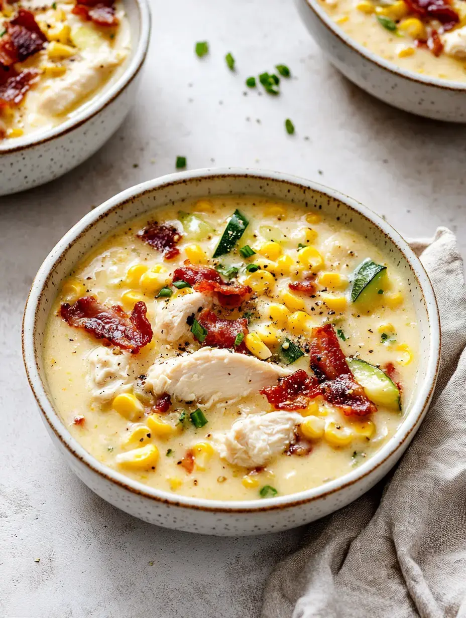 A bowl of creamy corn chowder topped with pieces of bacon, chicken, and green onions.