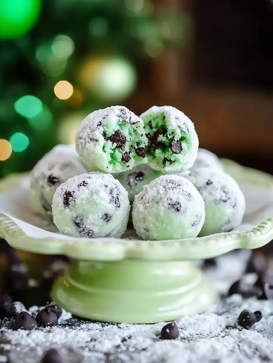 A close-up of mint-green dessert balls coated in powdered sugar, with one halved to reveal chocolate chips inside, set on a decorative green plate.