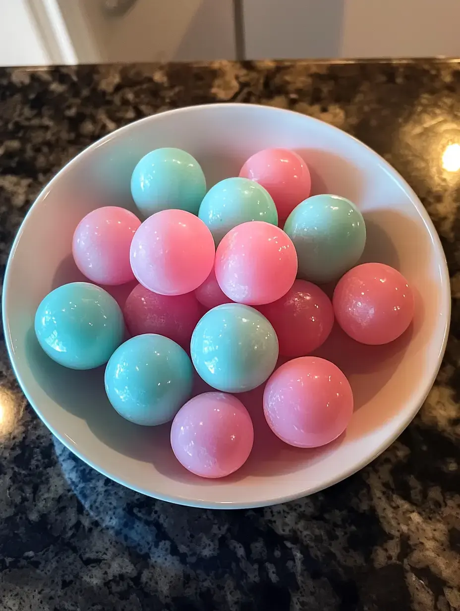 A bowl containing colorful spherical candies in pink and blue hues sits on a dark granite surface.