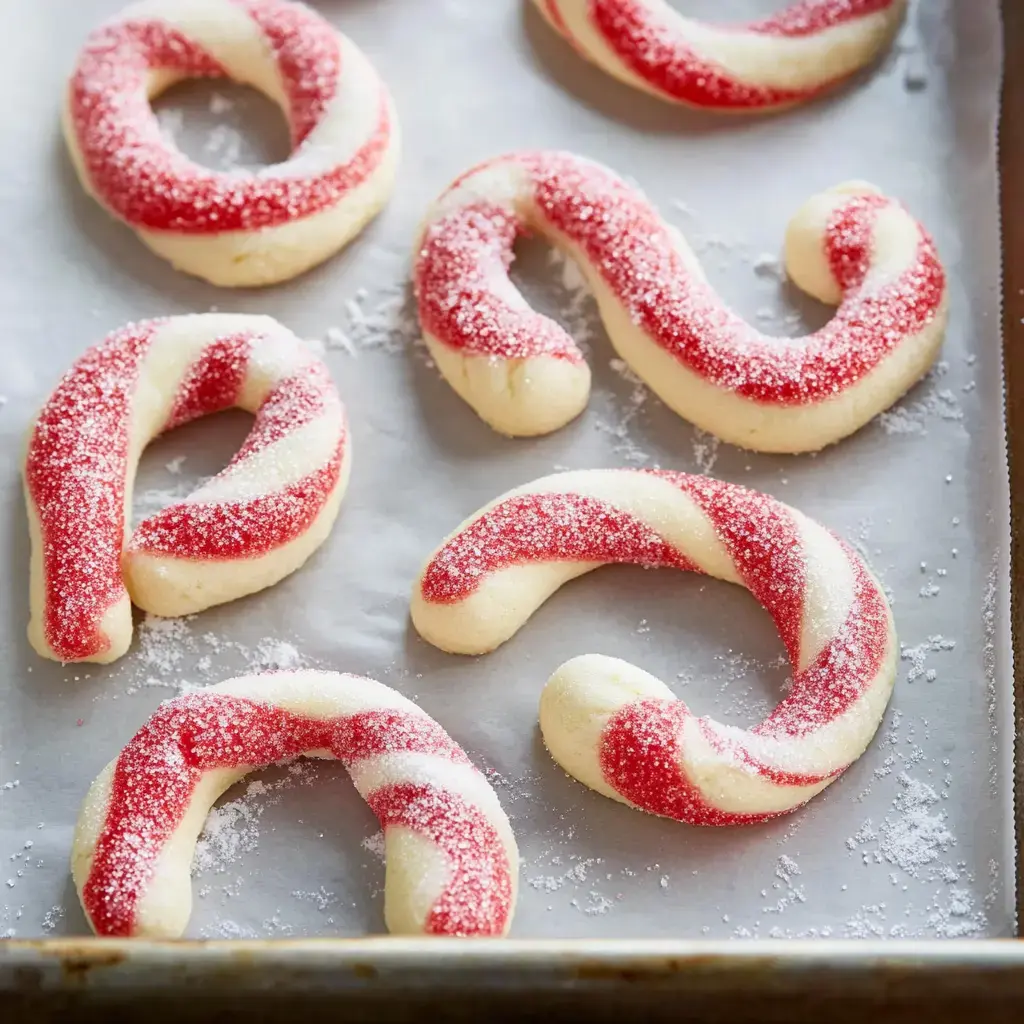 A tray of freshly made cookies shaped like candy canes, decorated with red and white stripes and dusted with powdered sugar.