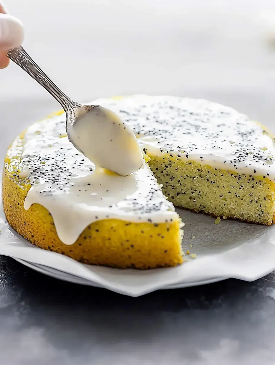 A person is using a spoon to drizzle icing on a sliced poppy seed cake placed on a white plate.