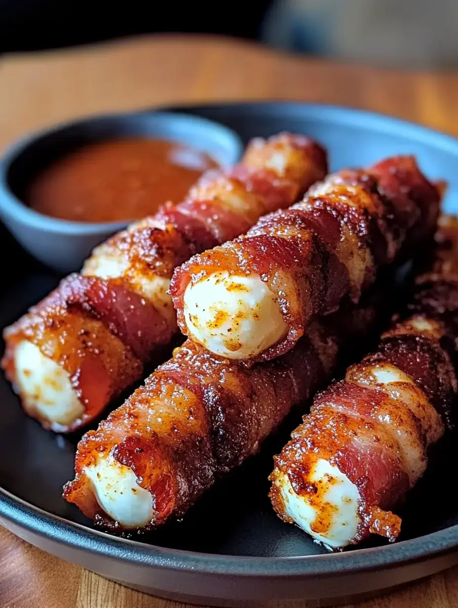 Three bacon-wrapped cheese sticks are arranged on a black plate, accompanied by a small bowl of dipping sauce.