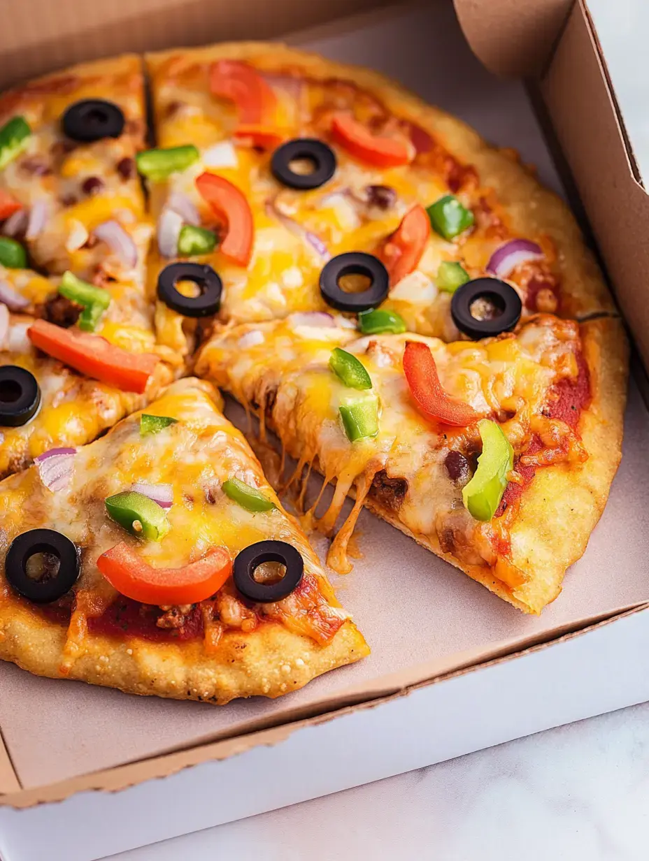 A delicious pizza topped with melted cheese, black olives, bell peppers, and onions, with one slice missing, presented in a pizza box.