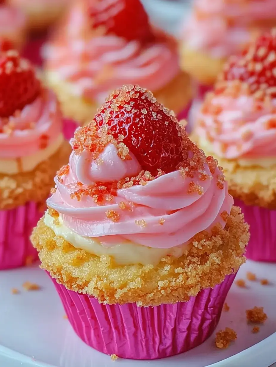 A close-up of colorful cupcakes topped with pink frosting, a strawberry, and sparkling sugar.