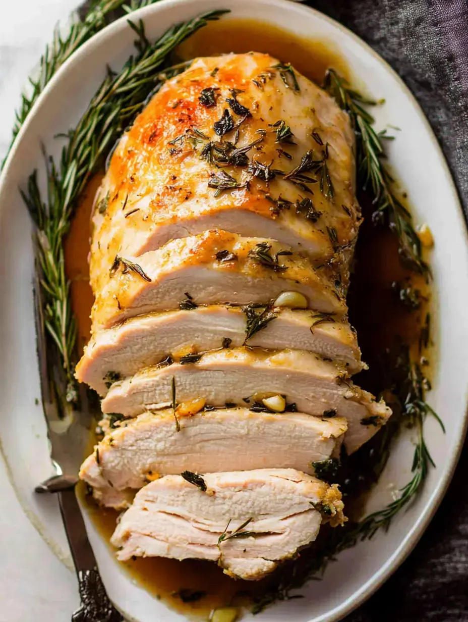 Sliced roast chicken is presented on a white platter, garnished with herbs and surrounded by flavorful gravy.