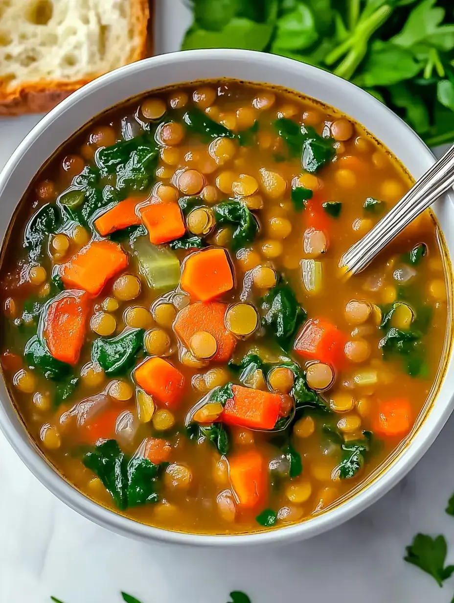 A bowl of lentil soup with carrots, spinach, and a spoon, alongside a slice of bread and fresh greens.