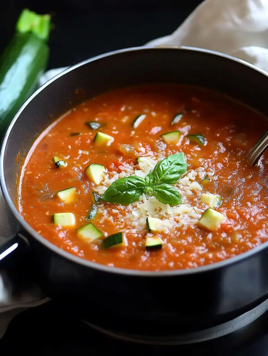 A black pot filled with tomato soup garnished with diced zucchini, grated cheese, and a basil leaf, with a zucchini beside it.