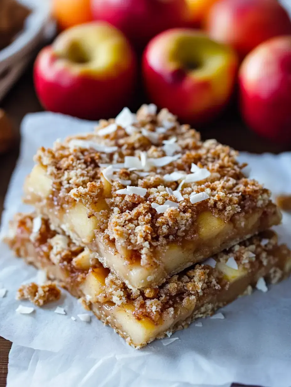 A stack of apple crumb bars topped with shredded coconut, placed on a sheet of parchment paper, with fresh apples in the background.