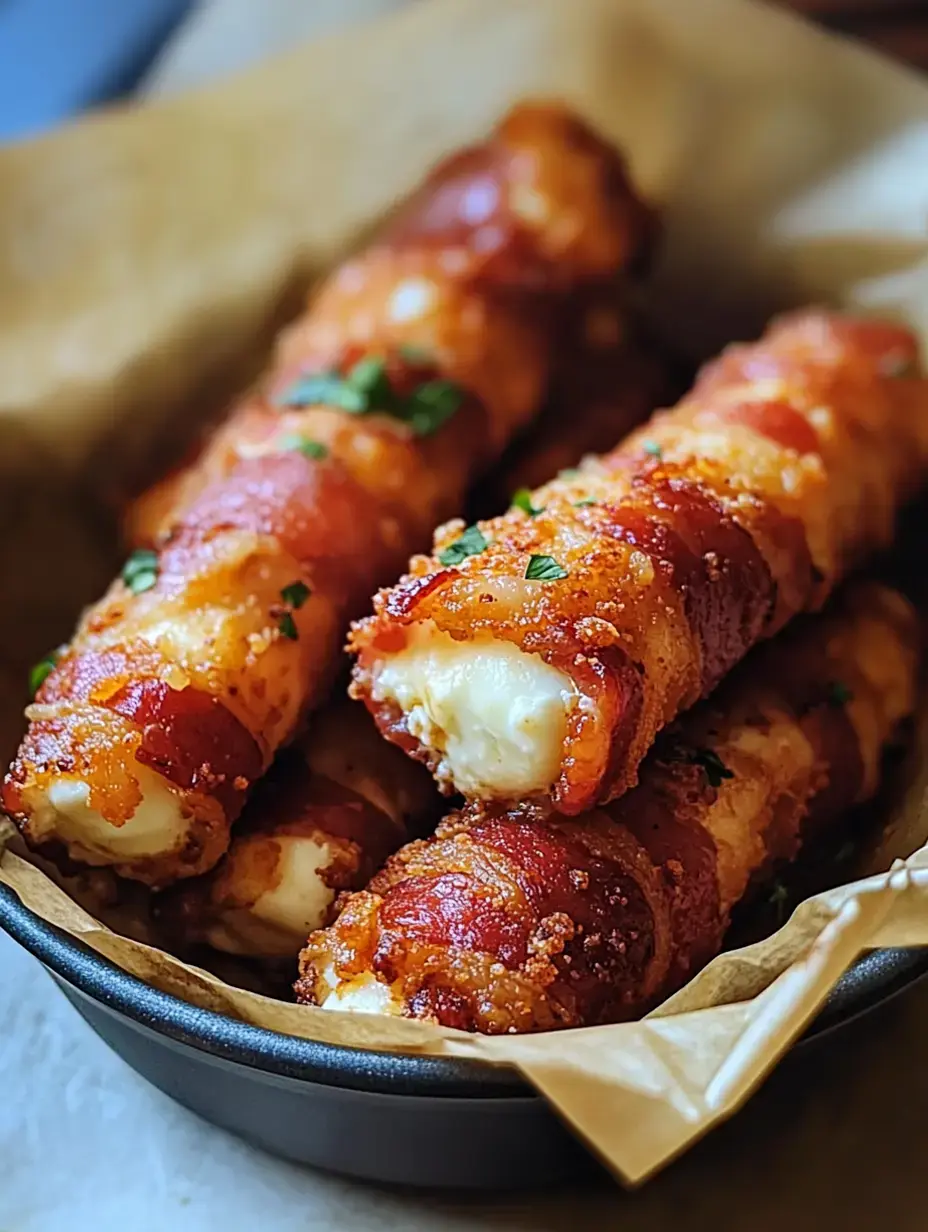 A close-up of crispy bacon-wrapped cheese sticks garnished with parsley, served in a bowl lined with parchment paper.