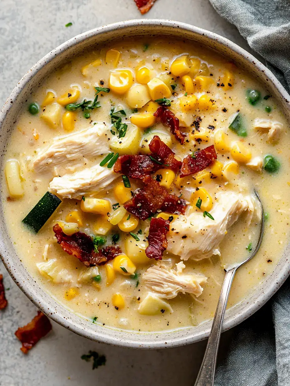 A bowl of creamy chicken and corn soup garnished with bacon bits and fresh herbs.