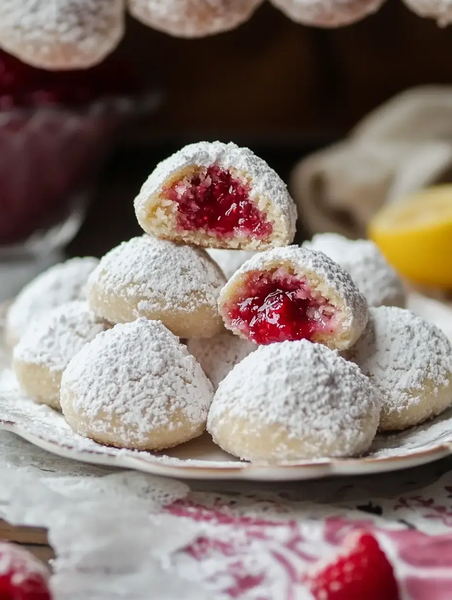 A plate of powdered sugar-dusted cookies filled with vibrant red fruit jam, some cookies are shown whole while one is halved to display its filling.