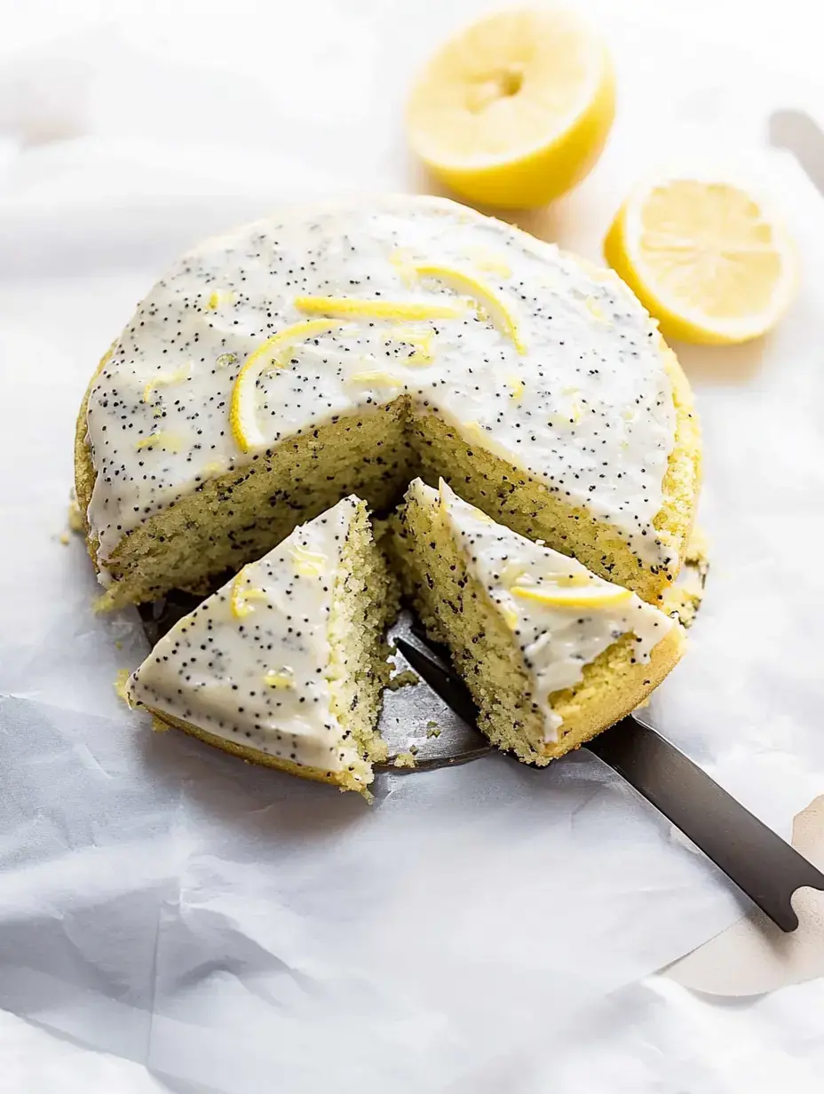 A lemon poppy seed cake with a creamy icing and a slice cut out is displayed on parchment paper, with lemon halves in the background.