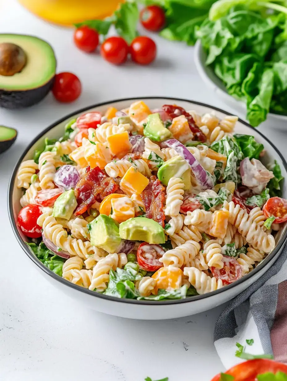 A colorful salad featuring rotini pasta, cherry tomatoes, avocado, cheese cubes, and crispy bacon, served in a bowl with leafy greens.