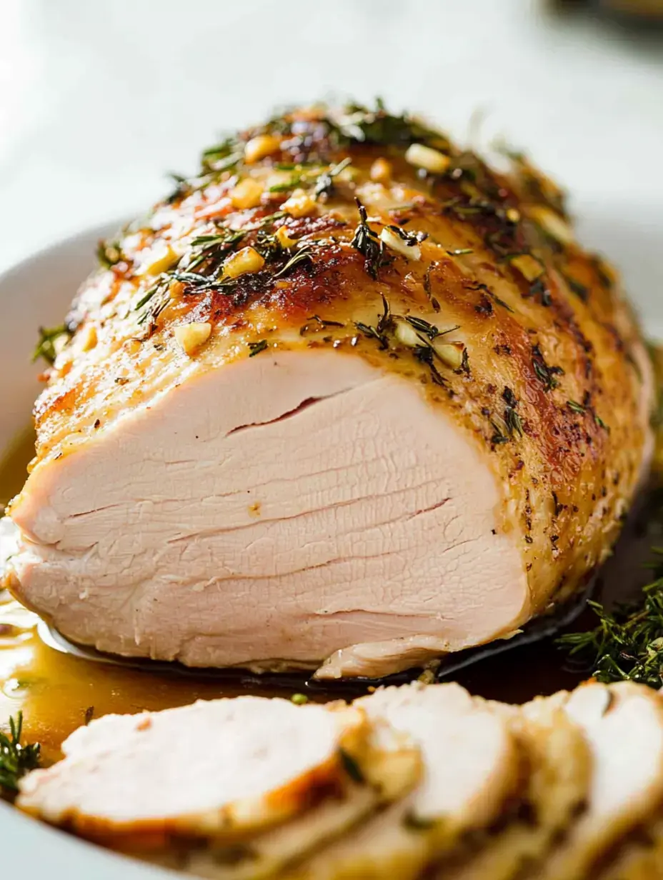 A succulent roasted turkey breast, garnished with herbs and sliced, rests in gravy on a plate.