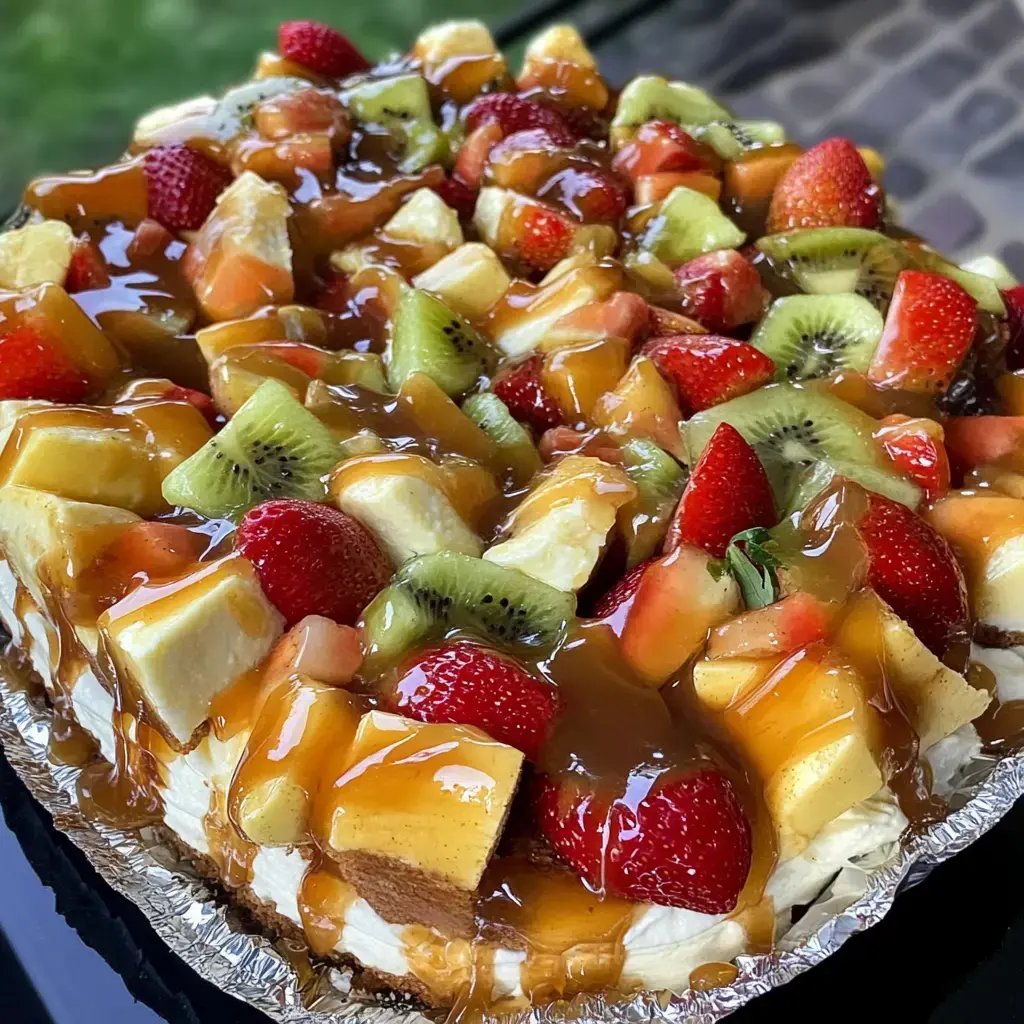 A colorful fruit tart topped with an assortment of fresh fruits, including strawberries, kiwi, and pineapple, drizzled with caramel sauce.