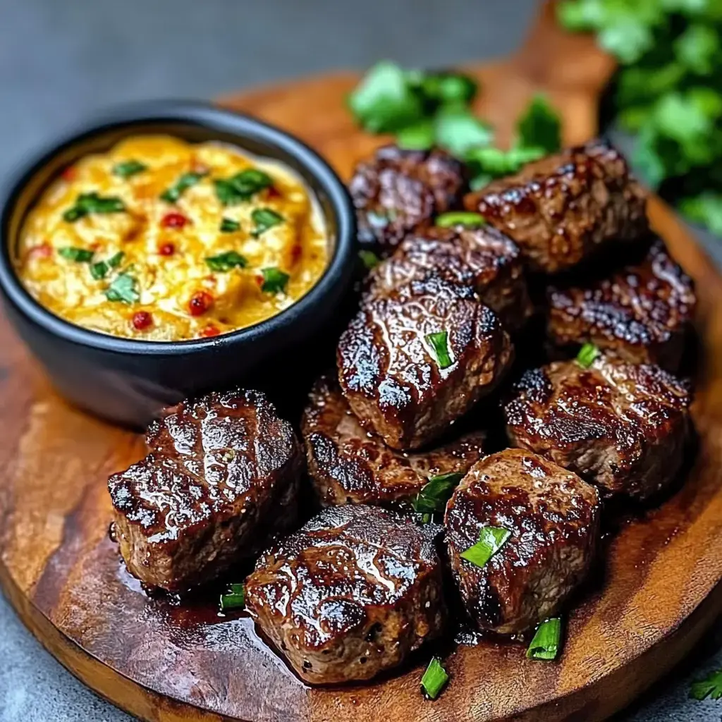 A wooden platter features succulent grilled beef cubes paired with a bowl of creamy sauce garnished with herbs.