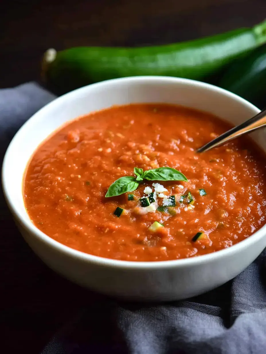 A white bowl of tomato soup garnished with basil and diced vegetables, placed next to fresh zucchinis on a dark surface.