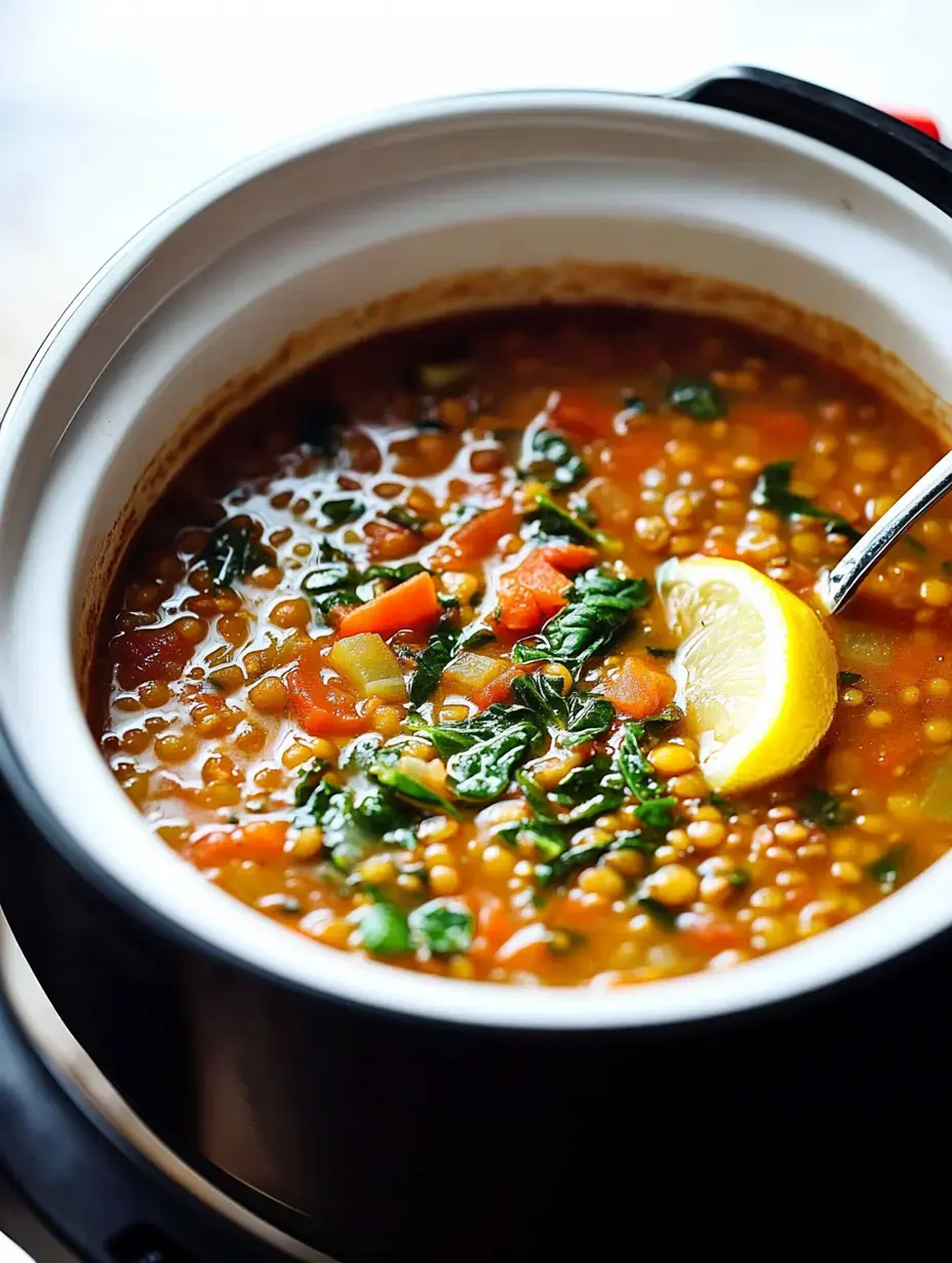 A close-up of a bowl of vegetable lentil soup with spinach and a slice of lemon on top.