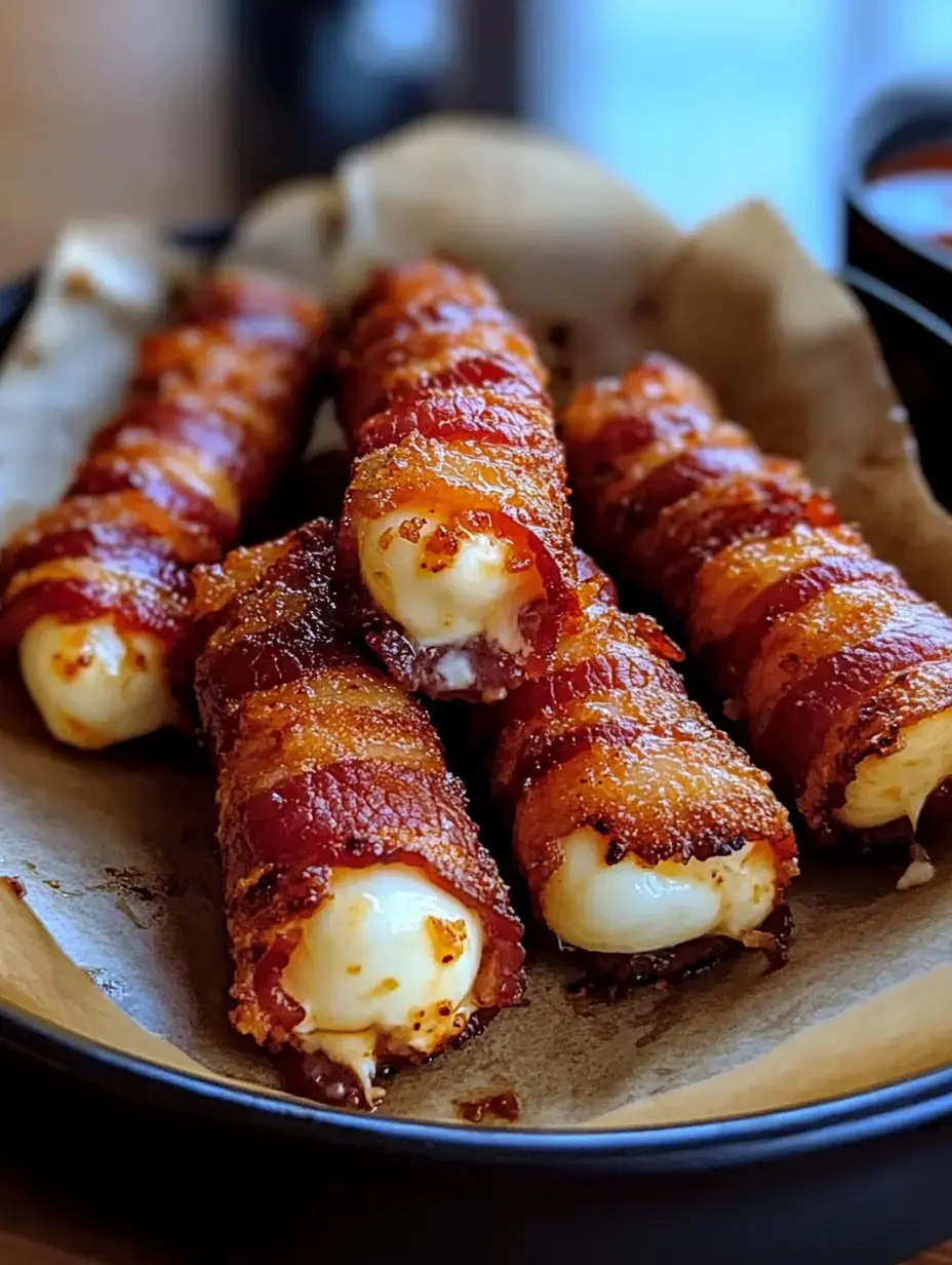 Bacon-wrapped mozzarella sticks arranged on a plate with parchment paper.