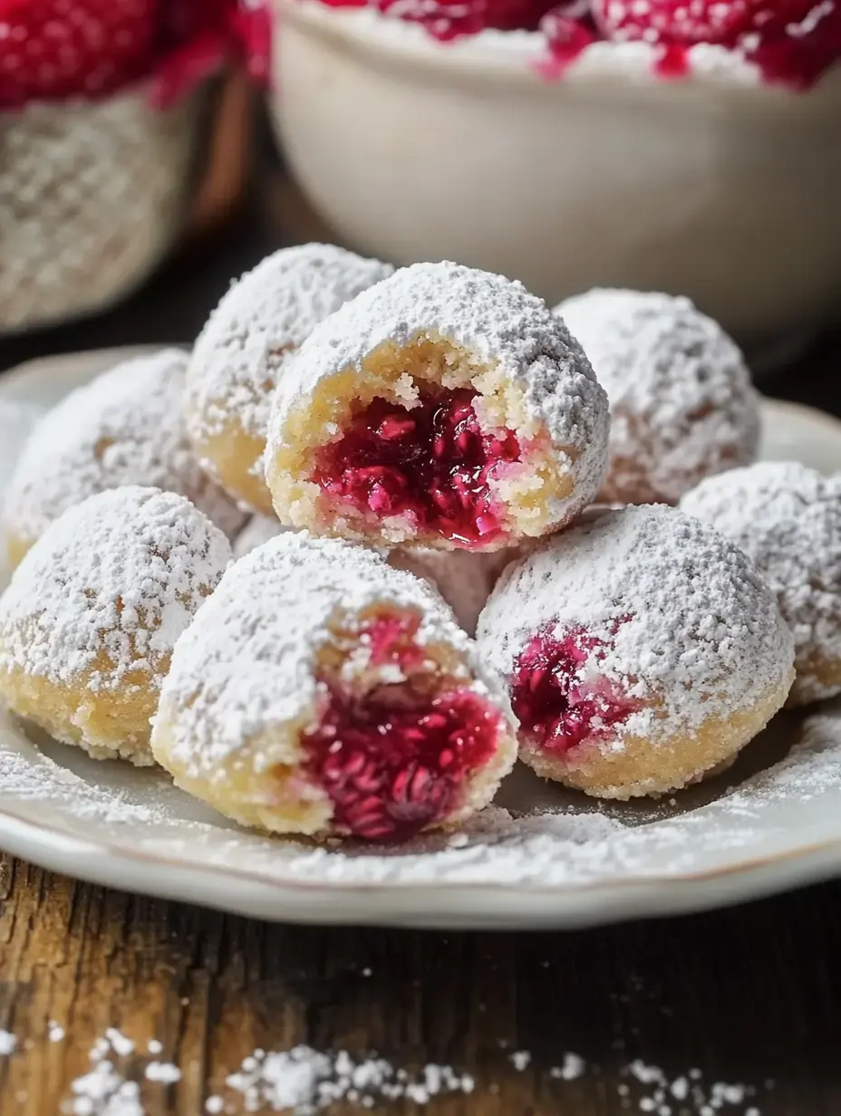 A plate of powdered sugar-dusted, raspberry-filled confections, with one cut in half to reveal its vibrant filling.