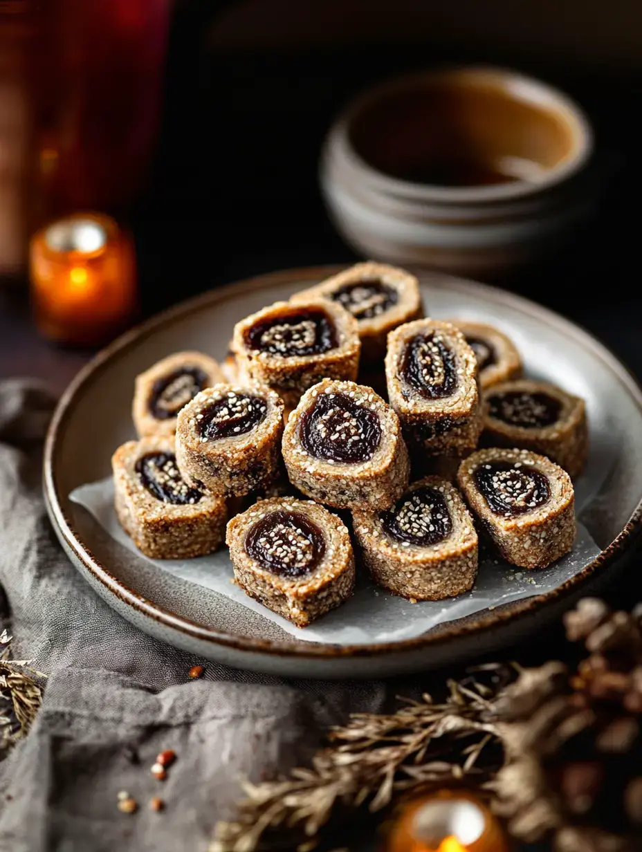 A plate of sweet, rolled desserts filled with a dark jam-like center, topped with sesame seeds, surrounded by a cozy, softly lit setting.