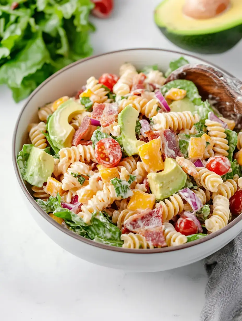 A colorful pasta salad made with fusilli, bacon, avocado, cherry tomatoes, and greens served in a bowl.