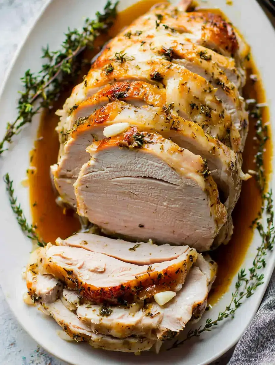 A beautifully sliced roast turkey breast, garnished with thyme, served on a platter with savory sauce.