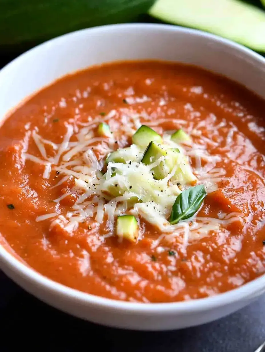 A bowl of creamy tomato soup topped with shredded cheese and diced zucchini, garnished with a basil leaf.