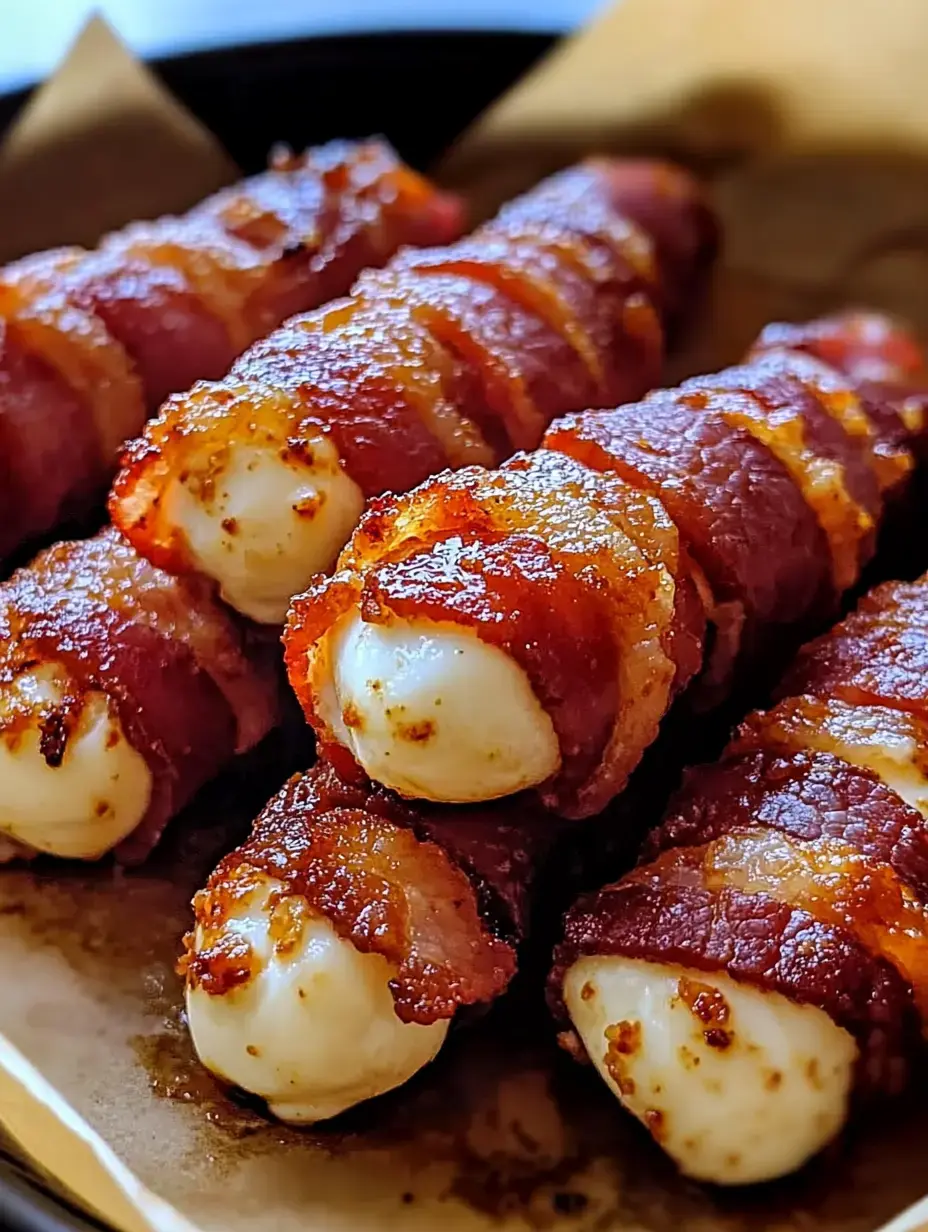 A close-up of bacon-wrapped mozzarella sticks arranged on a plate.