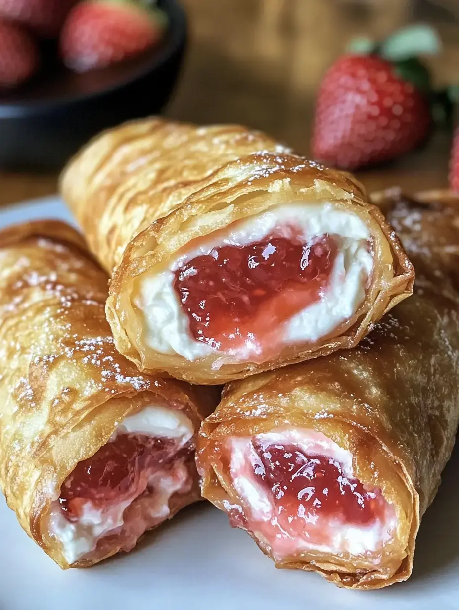 Three crispy, golden-brown pastries filled with cream and strawberry jam, placed on a white plate with fresh strawberries in the background.