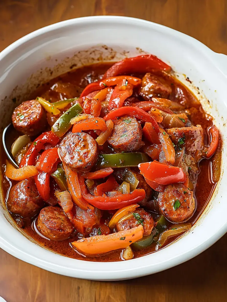 A white bowl filled with sautéed sausage slices and a colorful mix of red, green, and yellow bell peppers in a rich sauce.