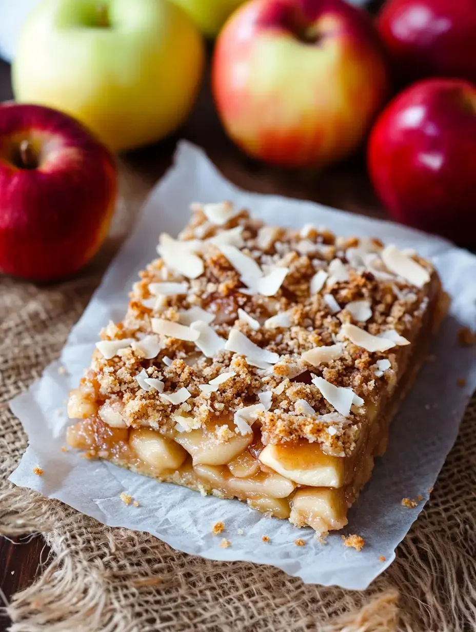 A piece of apple dessert with a crumbly topping is placed on parchment paper, surrounded by red and green apples.