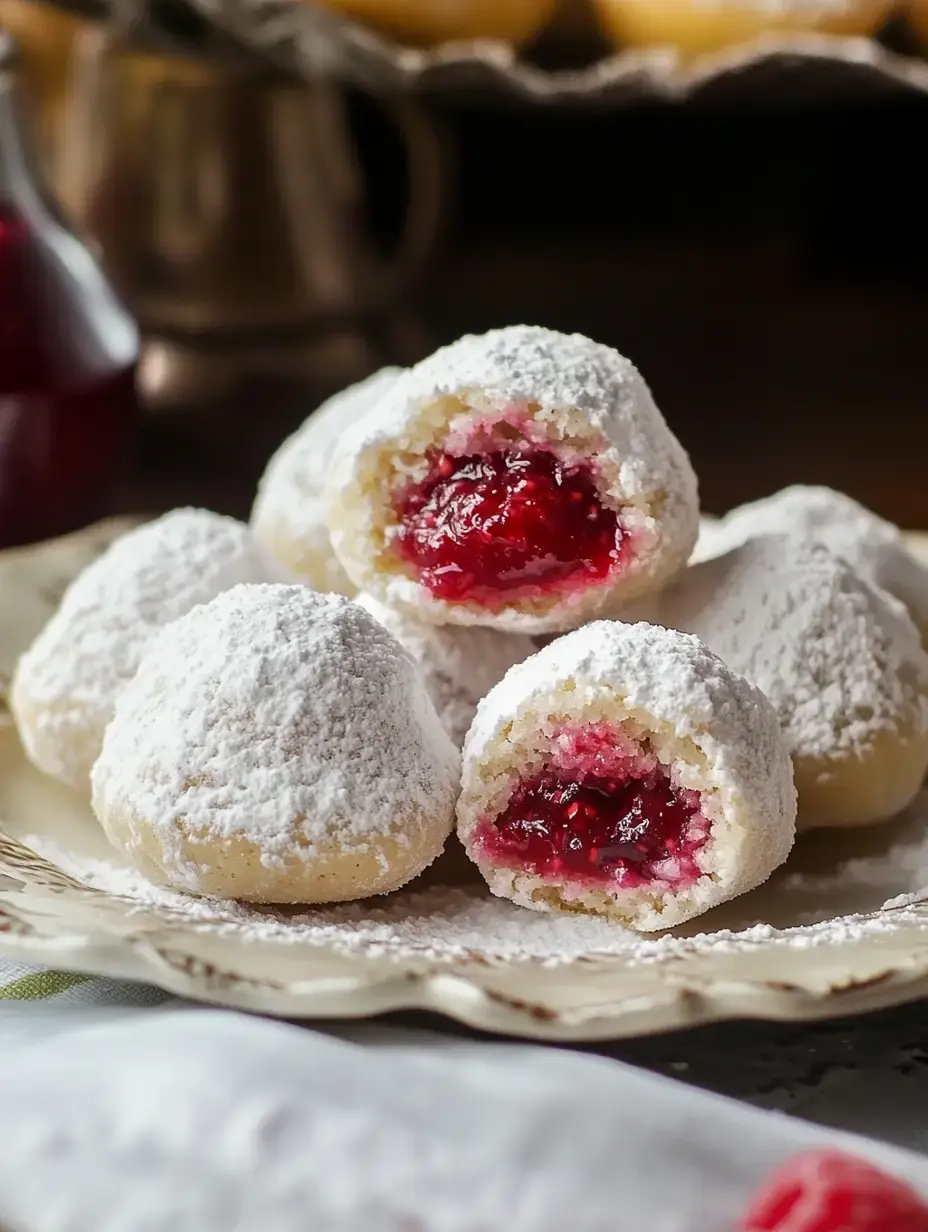 A plate of powdered sugar-coated cookies filled with red fruit jam, with one cookie cut in half to reveal its filling.