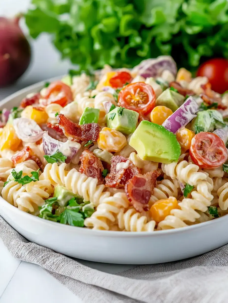 A bowl of colorful pasta salad mixed with bacon, cherry tomatoes, avocado, bell peppers, and herbs, with leafy greens in the background.