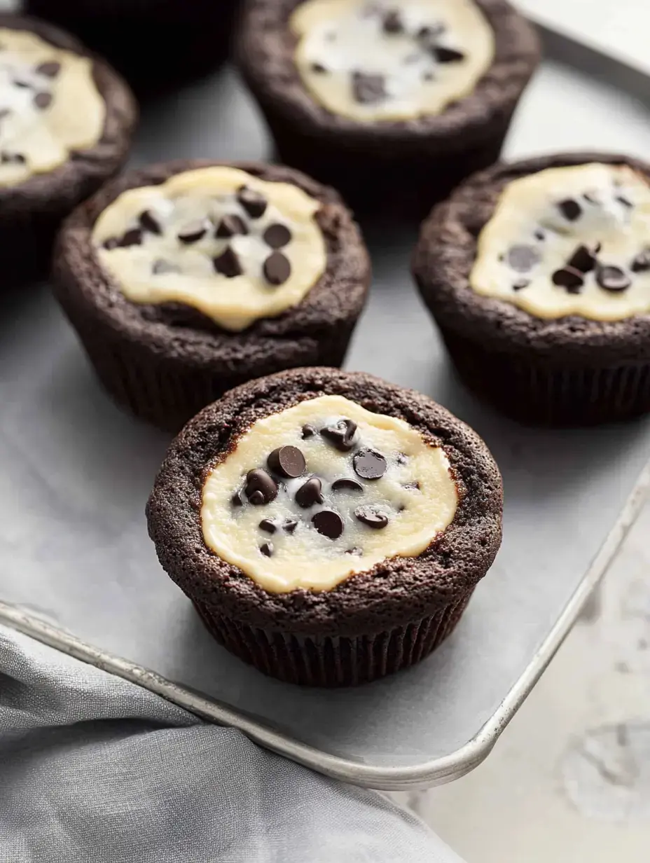 A close-up of chocolate cupcakes with a creamy filling topped with chocolate chips.