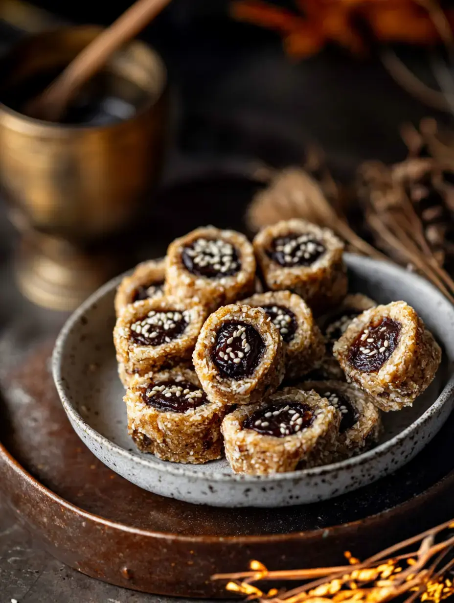 A plate of rolled sweets with a sweet filling and sprinkled sesame seeds, set against a dark background with decorative elements.