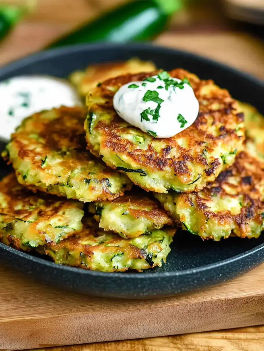 A plate of golden-brown zucchini fritters topped with a dollop of sour cream and garnished with parsley.