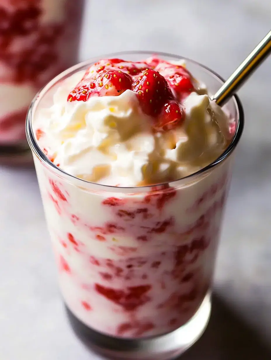 A close-up view of a glass filled with layers of creamy yogurt, strawberry puree, and topped with fresh strawberries.